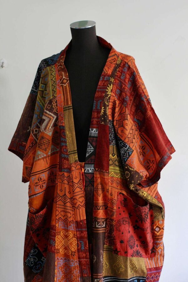 Patchwork boho overall half photo on a mannequin
