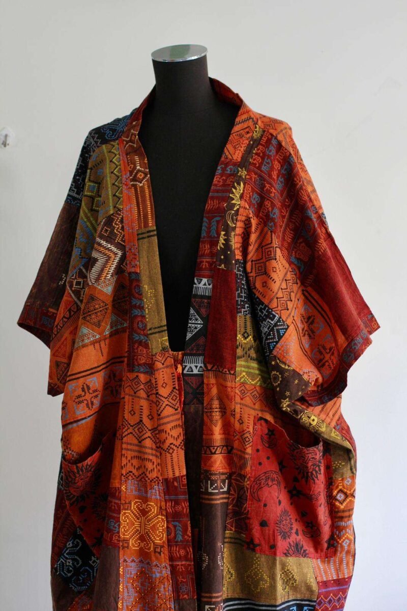 Patchwork boho overall half photo on a mannequin