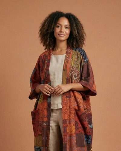 a lady posing simply in an earthy plain background wearing boho soul drape