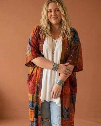 a model posing in an earthy background wearing Spreadmaya boho soul drape
