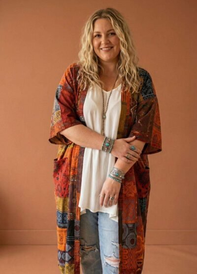 a model posing in an earthy background wearing Spreadmaya boho soul drape