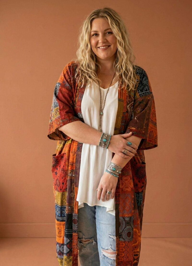 a model posing in an earthy background wearing Spreadmaya boho soul drape
