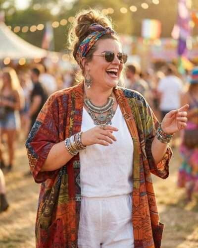 a woman wearing boho soul drape in a festival