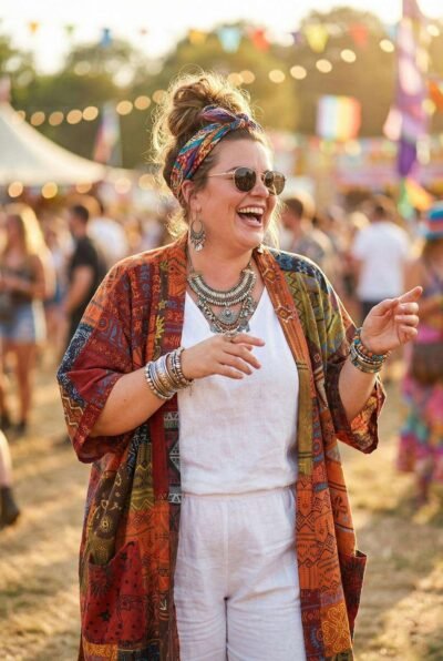 a woman wearing boho soul drape in a festival