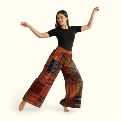woman dancing wearing boho trousers blaze patchwork
