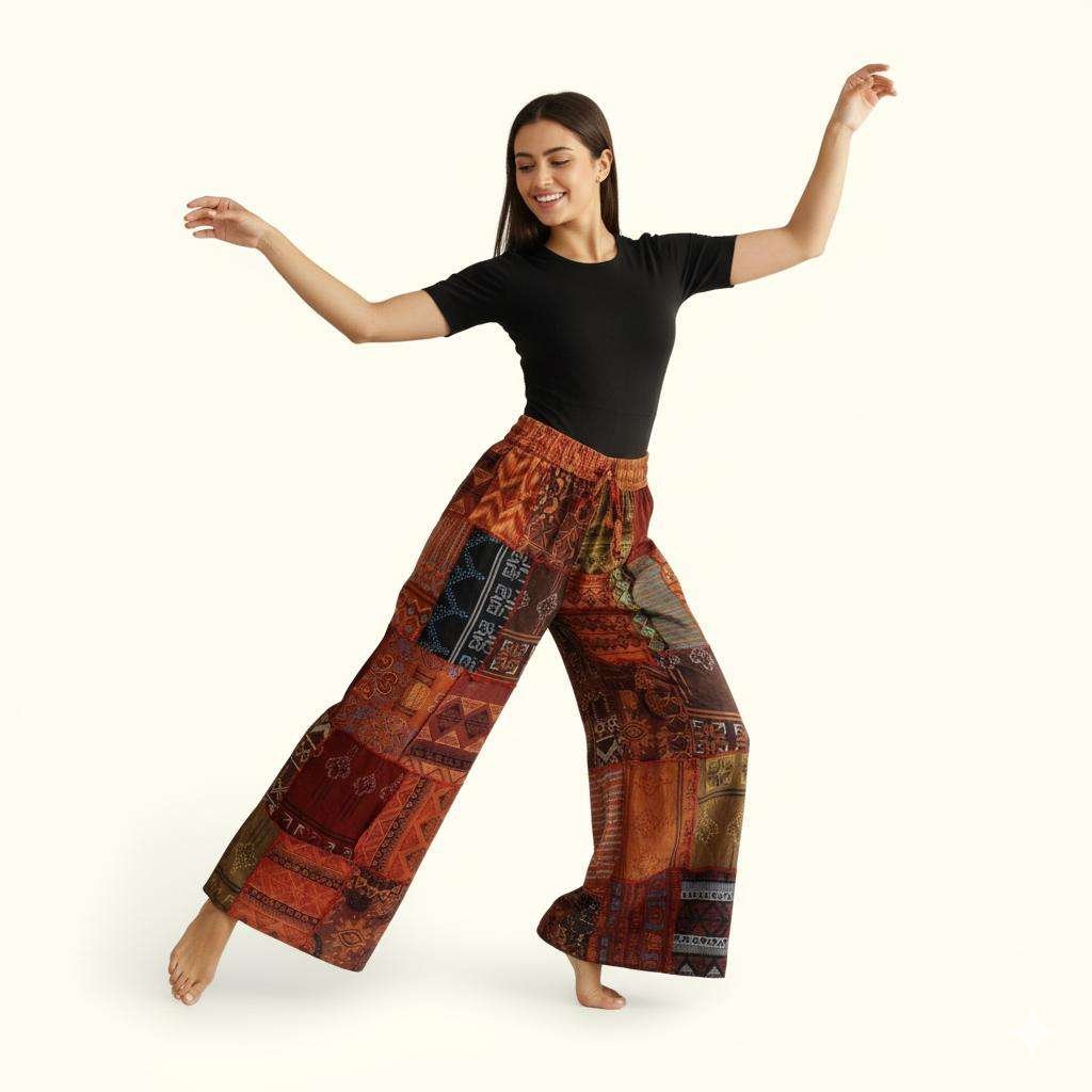 woman dancing wearing boho trousers blaze patchwork