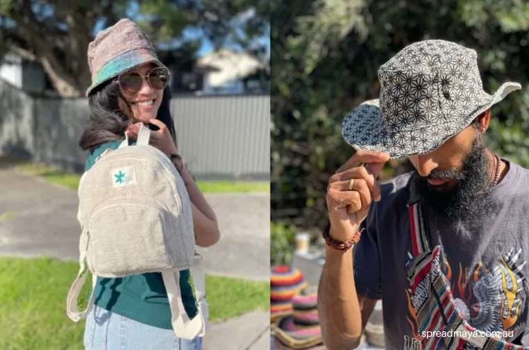 lifestyle image of hemp bag and hemp hat by spread maya