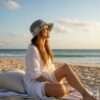 A woman wearing crochet summer hat in the beach and enjoying sunshine