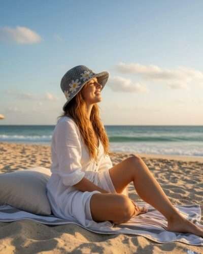 A woman wearing crochet summer hat in the beach and enjoying sunshine