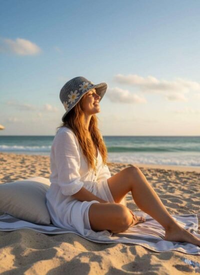 A woman wearing crochet summer hat in the beach and enjoying sunshine
