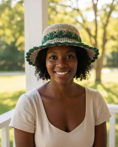 A smiling woman wearing crochet sun hat in natural setting