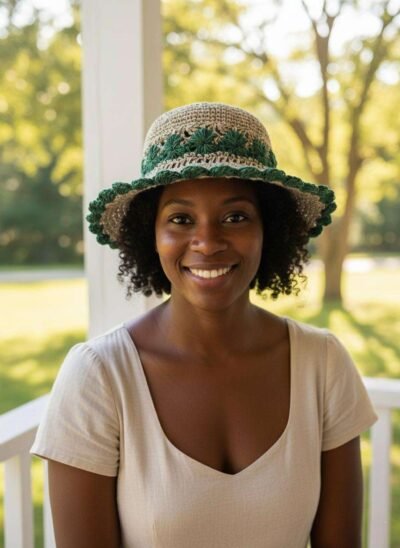 A smiling woman wearing crochet sun hat in natural setting