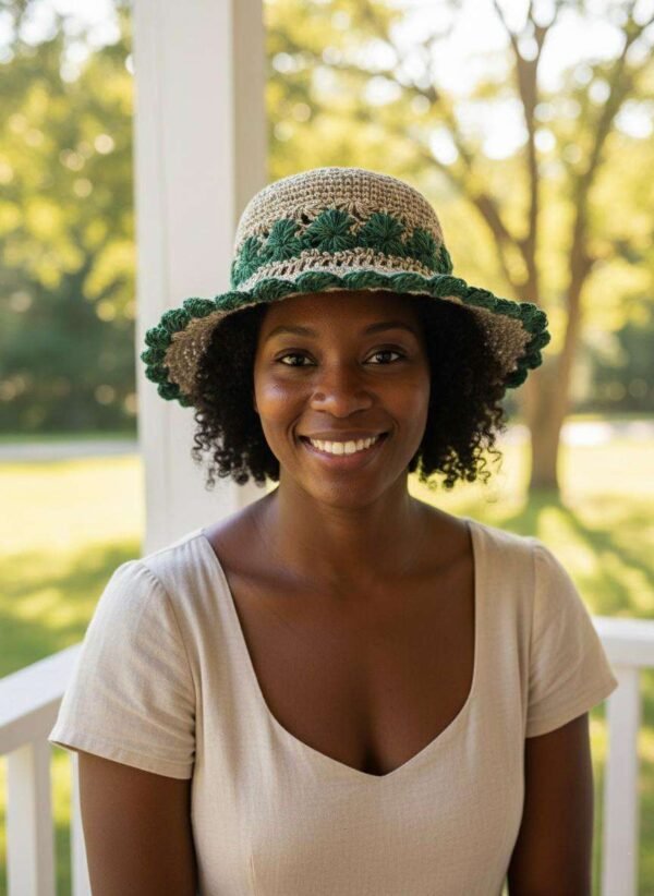 A smiling woman wearing crochet sun hat in natural setting