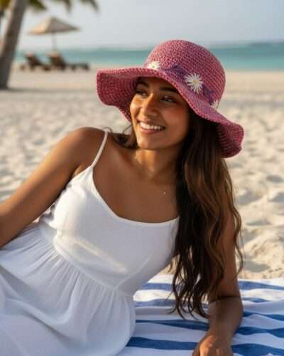 A woman posing at the beach wearing Hemp Crochet Pink Sun hat