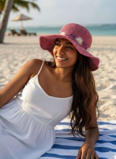 A woman posing at the beach wearing Hemp Crochet Pink Sun hat