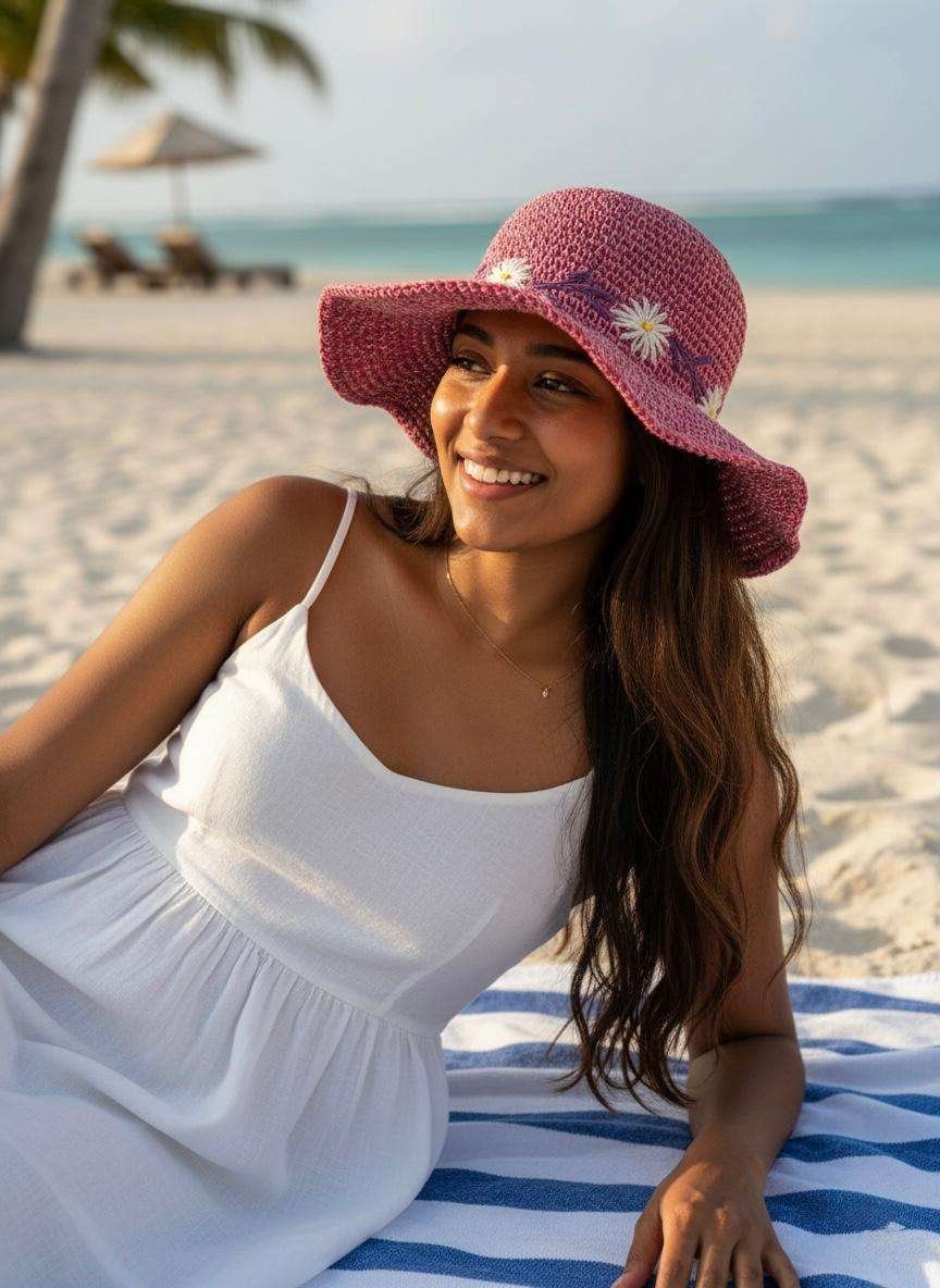 A woman posing at the beach wearing Hemp Crochet Pink Sun hat