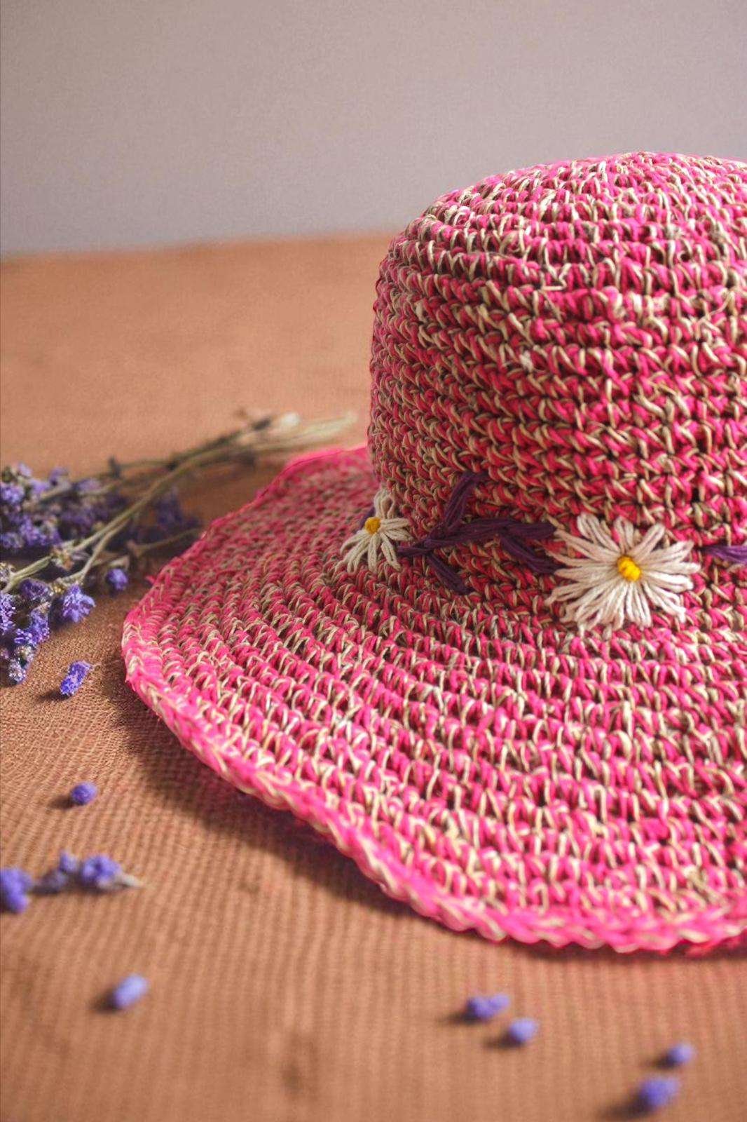 Kumari Crochet Sun Hat – Pink with Daisy Embroidery - Image 4