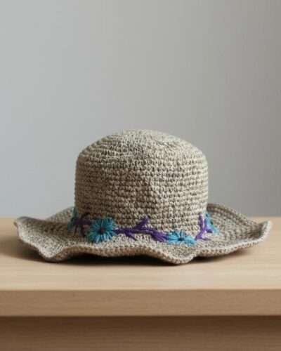 Kumari Crochet Sun Hat – Beige with Daisy Embroidery - Image 2