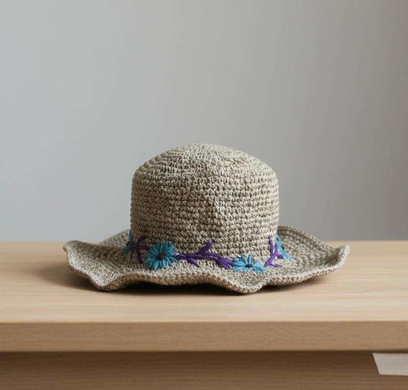 Kumari Crochet Sun Hat – Beige with Daisy Embroidery - Image 2