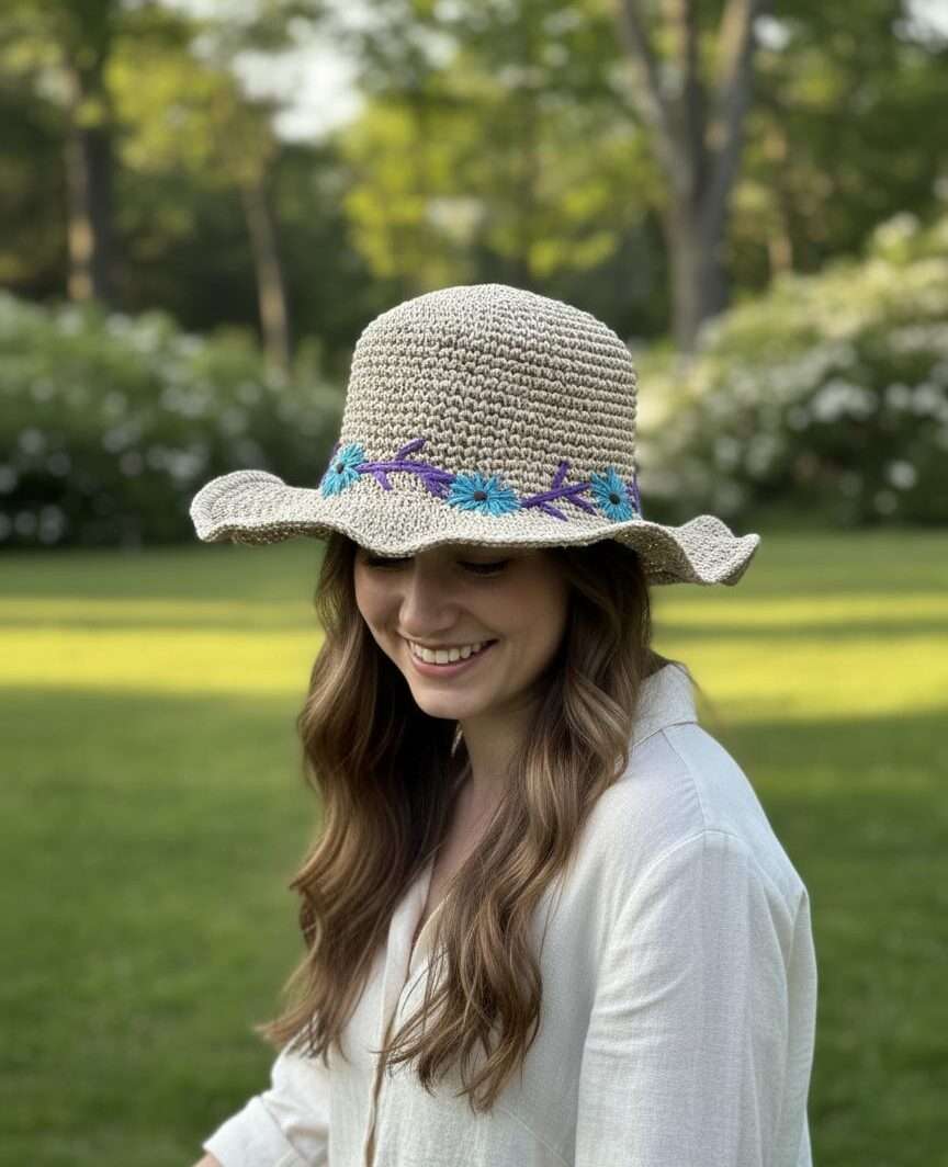 Kumari Crochet Sun Hat – Beige with Daisy Embroidery