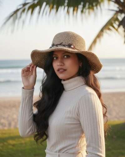 A woman wearing Crochet Hat with flowers embroidery in natural setting