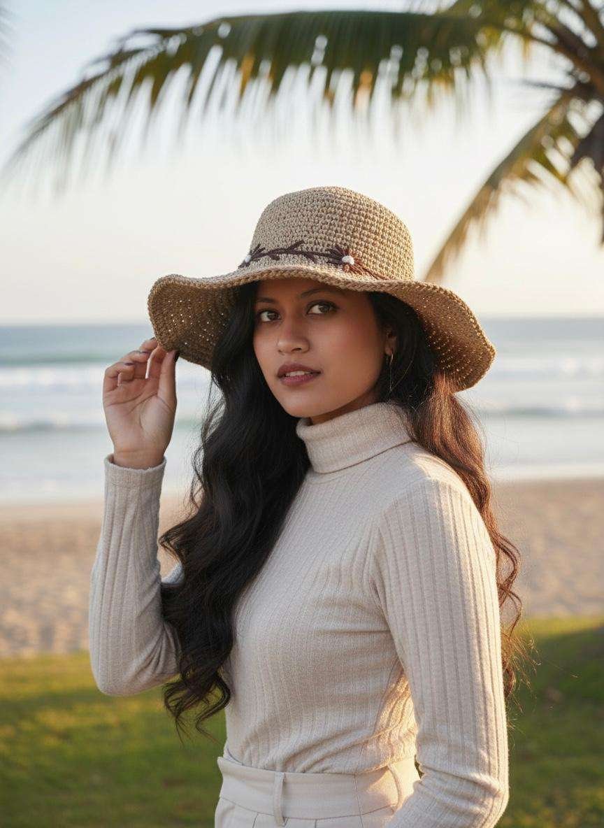 A woman wearing Crochet Hat with flowers embroidery in natural setting