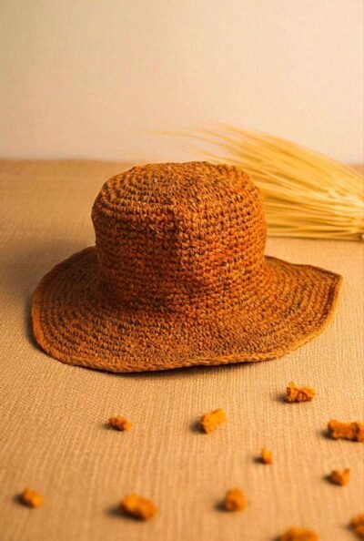 Hemp crochet hat in beige creamy background