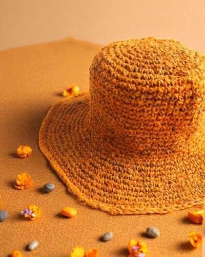 Hemp crochet hat in beige creamy background