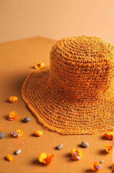 Hemp crochet hat in beige creamy background