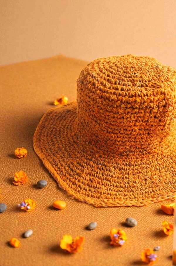 Hemp crochet hat in beige creamy background