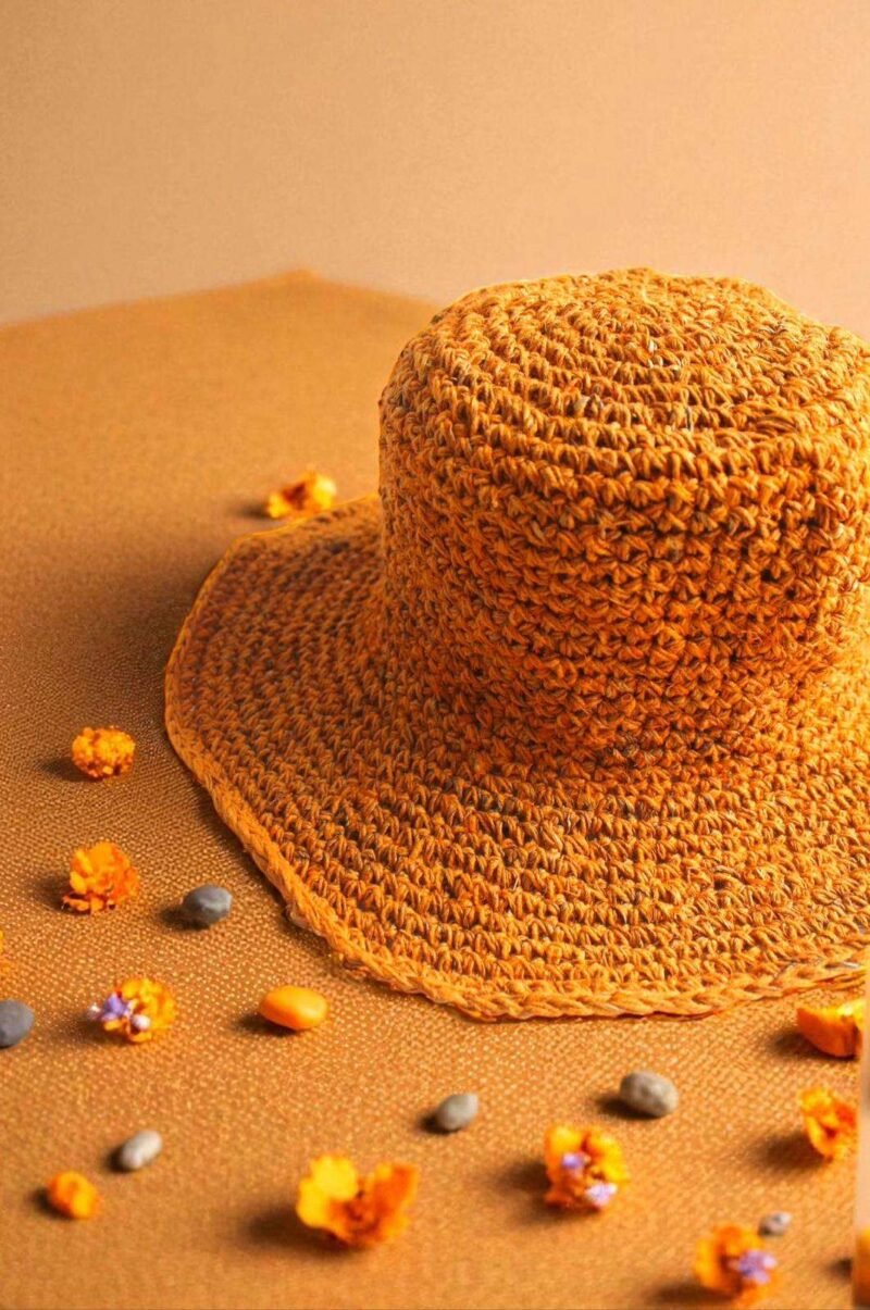 Hemp crochet hat in beige creamy background