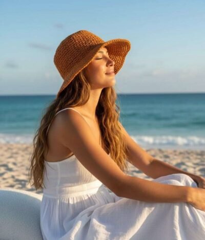 a woman wearing hemp crochet hat by the beach and enjoying the sun