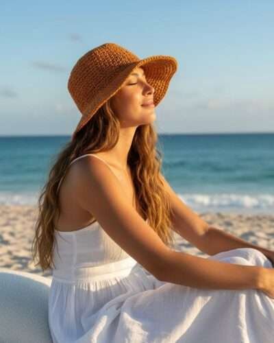 a woman wearing hemp crochet hat by the beach and enjoying the sun