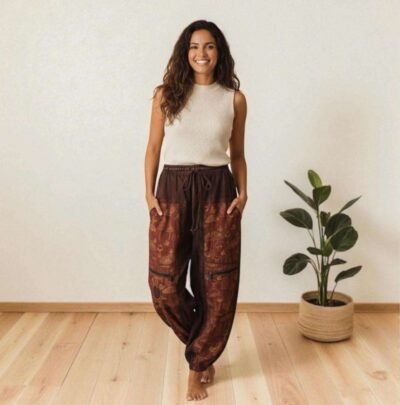 mushroom-printed-trousers-brown model