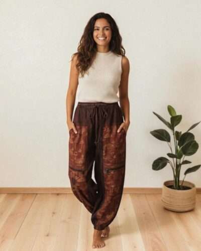 mushroom-printed-trousers-brown model