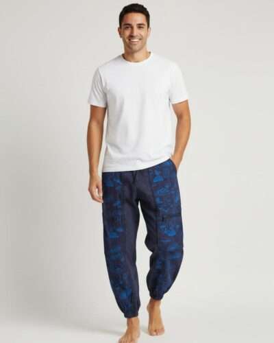 a man posing with mushroom printed blue trousers
