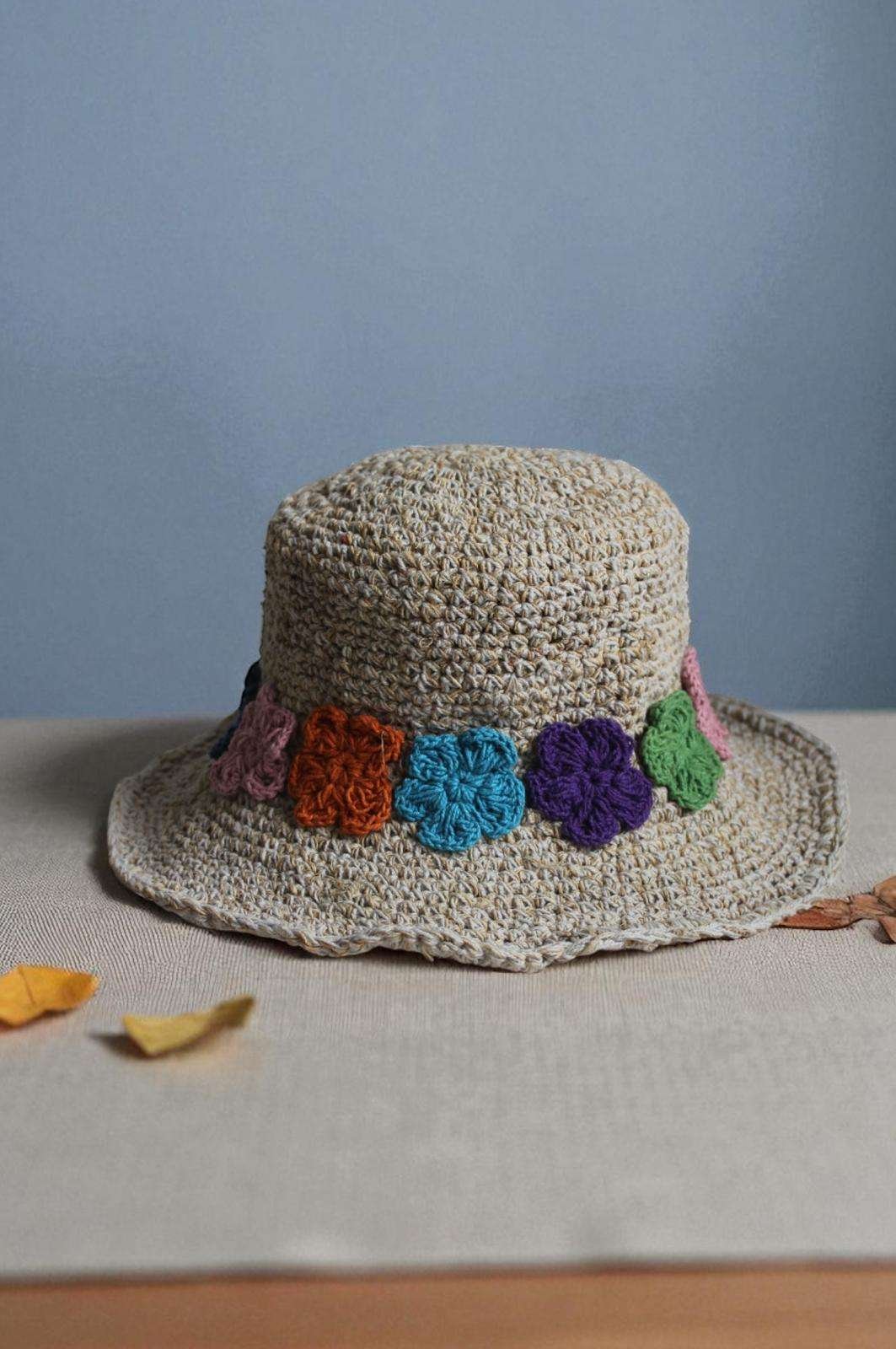 Hemp crochet hat flower embroidery front view