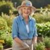 An elderly woman wearing aru bloosom hemp crochet hat and gardening