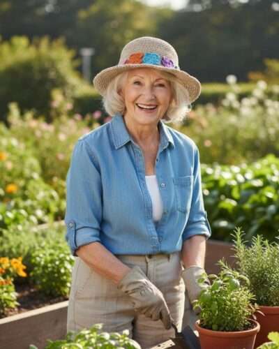 An elderly woman wearing aru bloosom hemp crochet hat and gardening