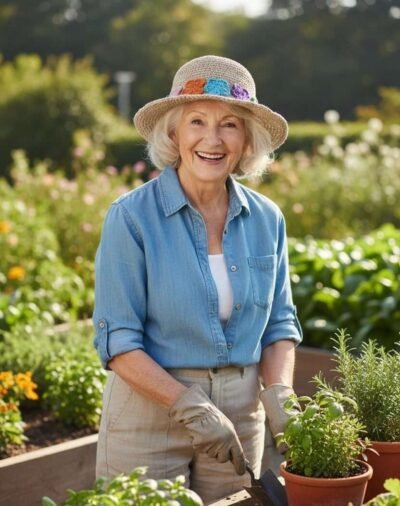 An elderly woman wearing aru bloosom hemp crochet hat and gardening