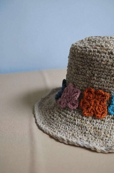 Hemp crochet hat flower embroidery zoom view
