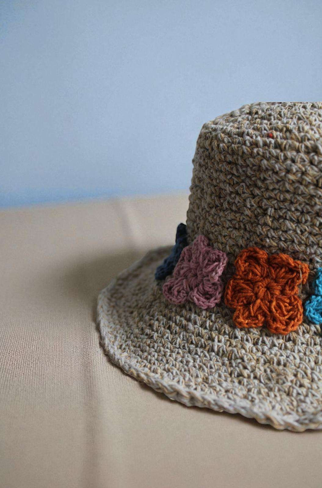 Hemp crochet hat flower embroidery zoom view