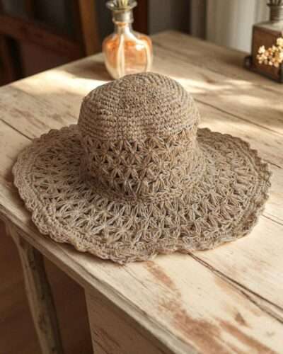 Beige Nest Crochet Hat placed on a wooden table