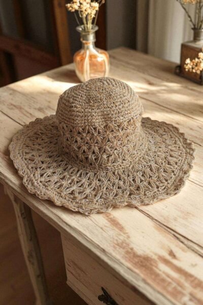 Beige Nest Crochet Hat placed on a wooden table