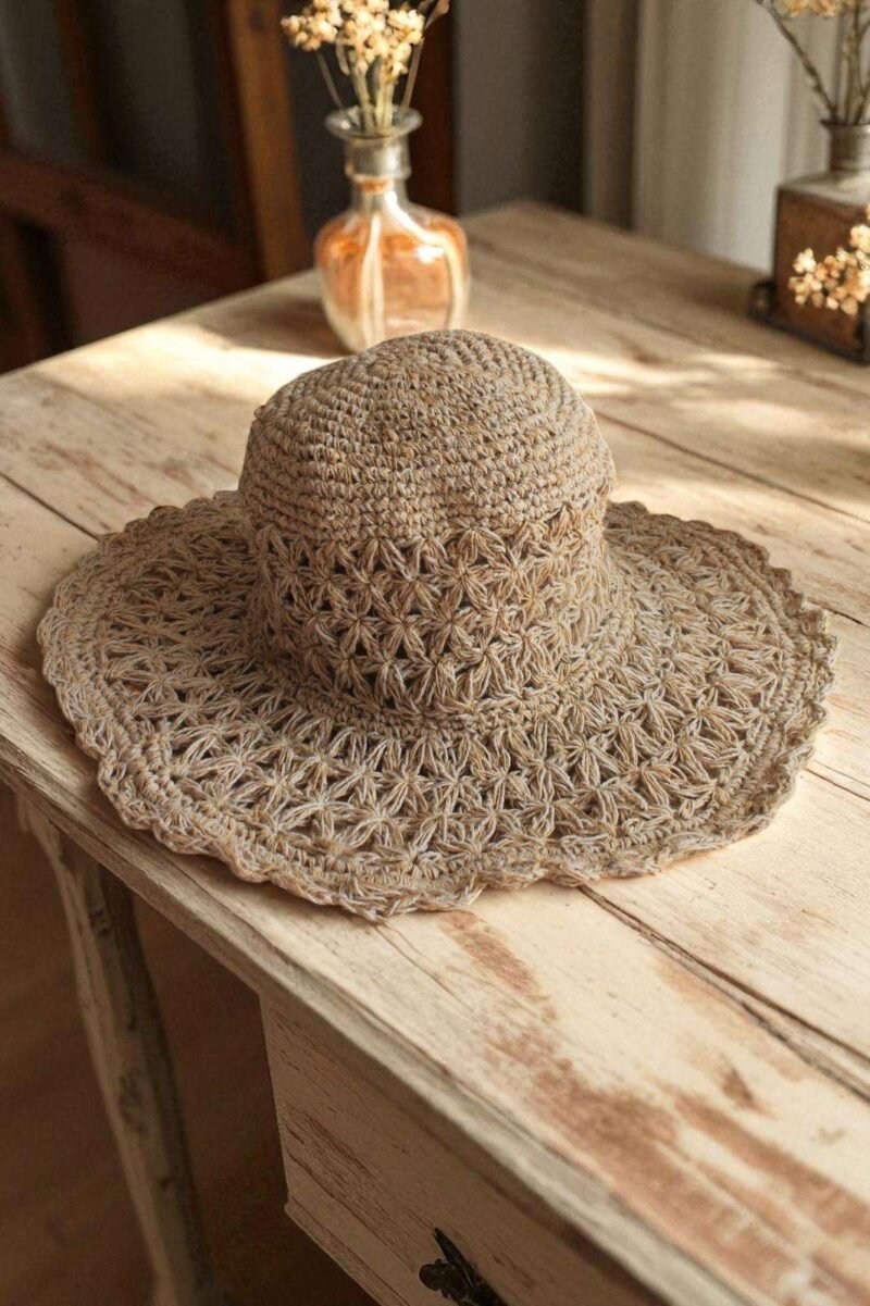 Beige Nest Crochet Hat placed on a wooden table