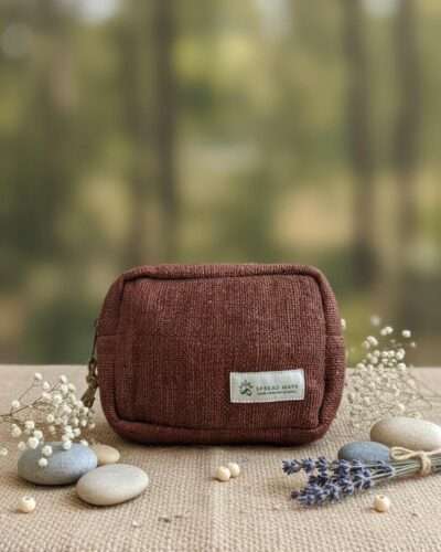 hemp travel pouch brown on a table front