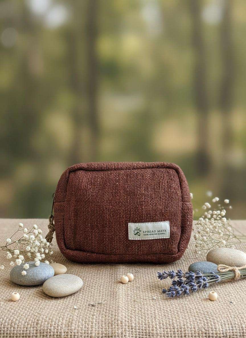 hemp travel pouch brown on a table front