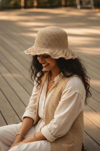 a woman wearing beige hemp crochet hat and sitting in outdoor setting