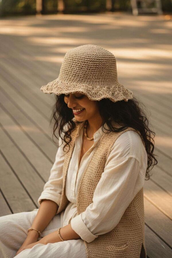 a woman wearing beige hemp crochet hat and sitting in outdoor setting
