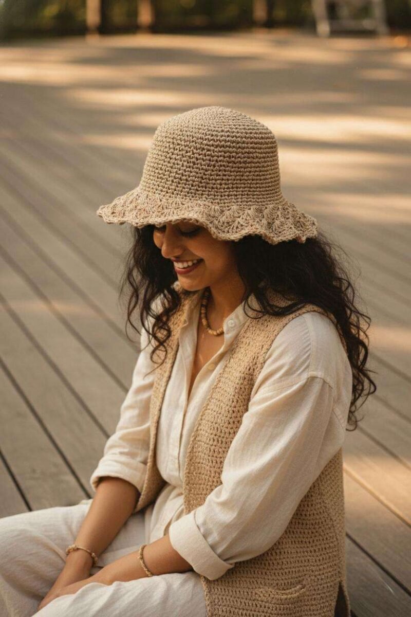 a woman wearing beige hemp crochet hat and sitting in outdoor setting